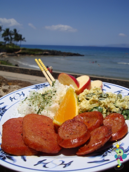 Spam, Portugese Sausage, Eggs, Rice with seaweed, apples and oranges